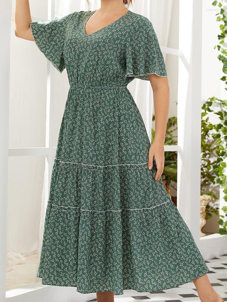 

Plus Size Dresses Women Summer Dress Female V Neck Short Sleeve Floral Print Ruffles Boho Beach Green Maxi Long DressesPlus Jasp22