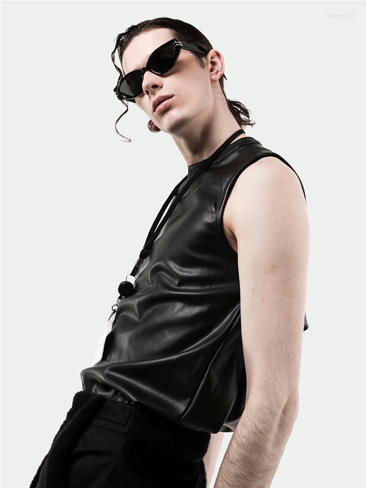 

Men's Vests 2022 Men Clothing Hair Stylist Fashion Back Sliced Hollow Leather Vest Plus Size Singer Costumes S-5XL Stra22, Black