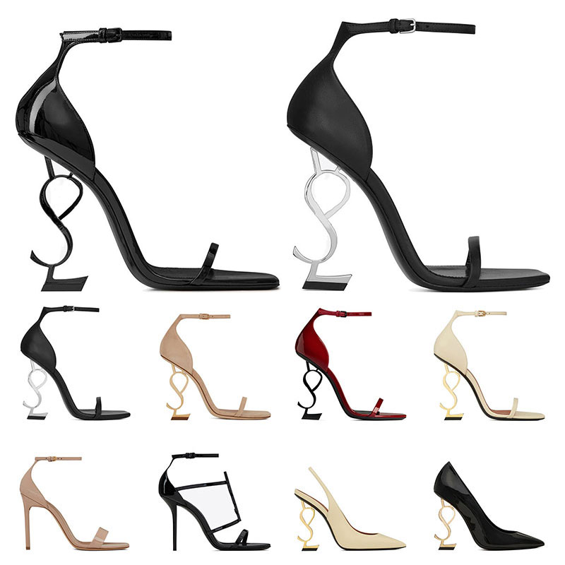 Femmes Luxury Robes Chaussures hautes talons en cuir breveté Silver Gold Tone triple noir Nude Lady Fashion Sandales Open Open Stiletto Talon Par