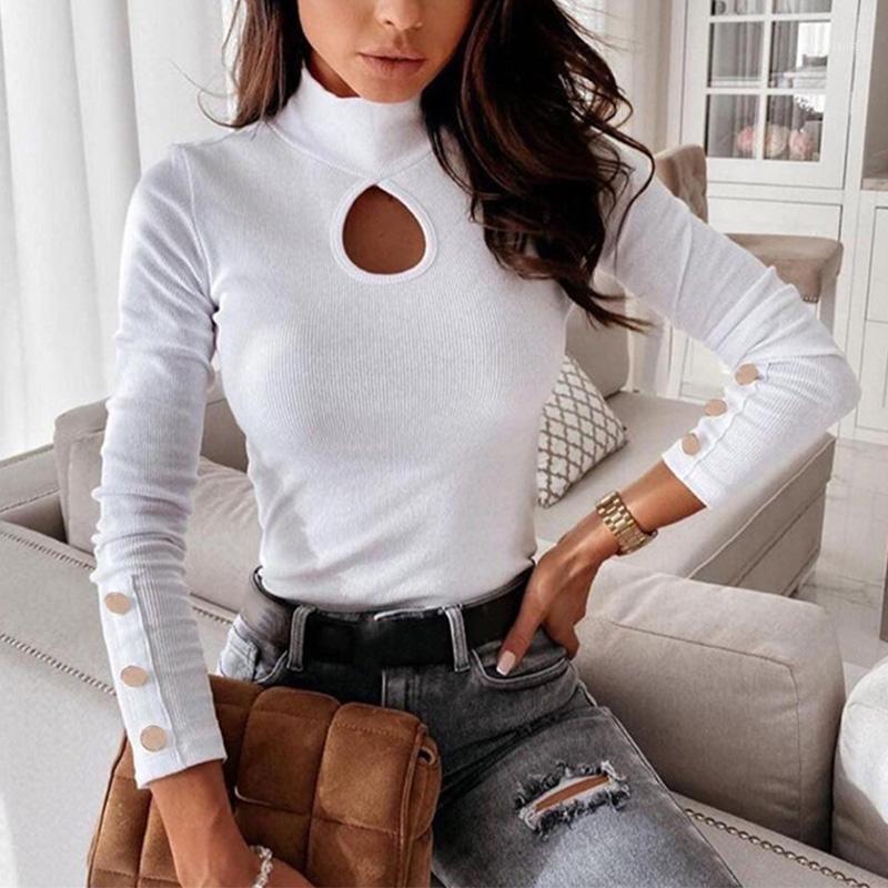 

Women' Blouses & Shirts Fashion Woman 2022 White Long Sleeve Female Half High Collar Button Tops Autumn Streetwear Solid Hollow Out Women B, Black