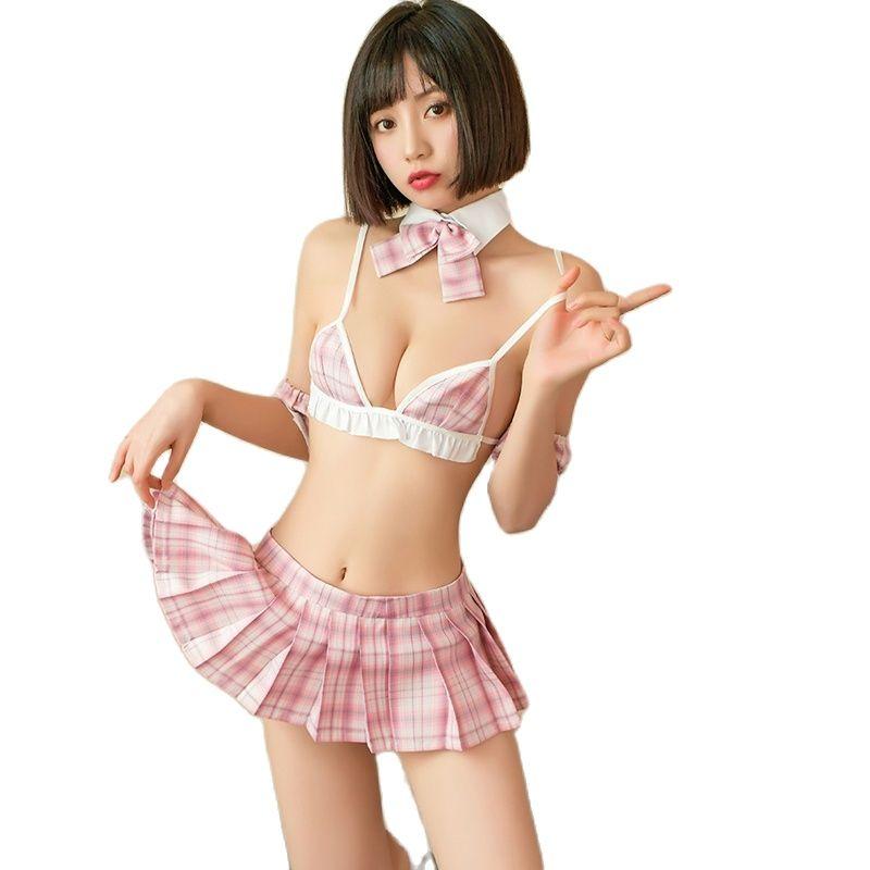 

Bras Sets Cute Lolita School Girl Sailor Uniform Cosplay Costumes Kawaii Japanese Pink Plaid Bikini Outfit Mini Pleated Skirt Lingerie Set