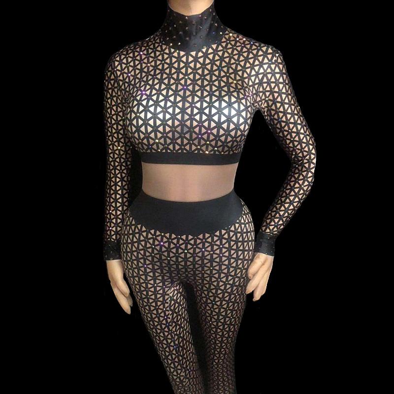 

Women's Jumpsuits & Rompers Black White Rhinestones 3D Plaid Printing Jumpsuit Sexy Big Elastic Bodysuit Nightclub Bar Female Stage DJ Singe