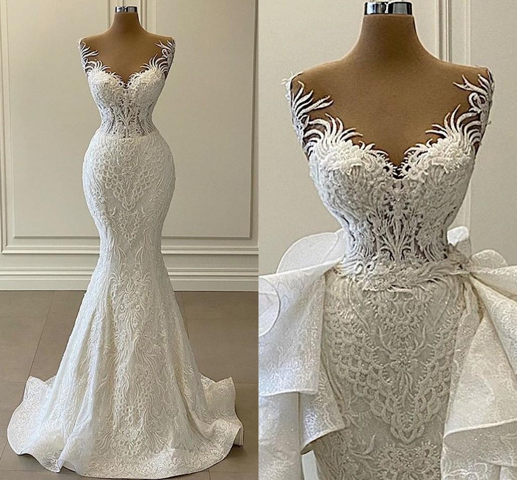

Luxury 3D Lace Mermaid Wedding Dress with detachable Romantic Illusion Beads Tulle Neck Bridal Gowns Robe de Mariage Vestido Noiva, Ivory