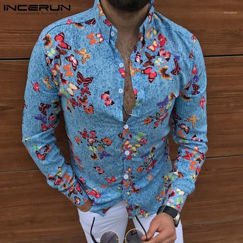 

Men' Casual Shirts 2022 Fashion Men Shirt Printing Turn Down Collar Long Sleeve Streetwear Tops Leisure Camisa Masculina 3XL INCERUN, Blue