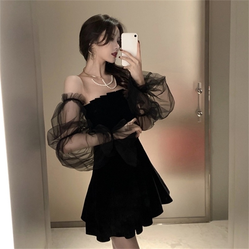 

Fashion Mesh Stitching Bubble Sleeve Dresses Women Spring &Autumn Strapless Waist Puffy Dress Black 220418