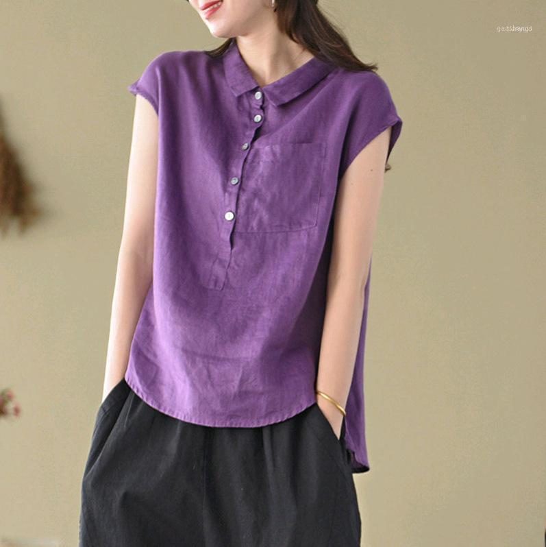 

Women Loose Solid Color Cotton Linen Shirt Ladies Vintage Blouse Tops Female 2022 Summer Short Sleeve Shirts1, Blue