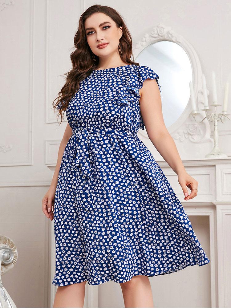 

Plus Size Dresses Women Clothing Casual Summer 2022 Short Sleeve O Neck Swing Empire Printed Dress Blue WomenPlus, Green