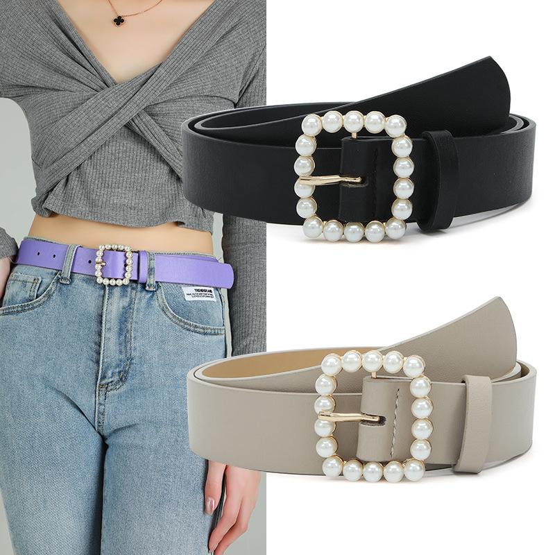 

Belts Classic Ladies Pearl Inlaid Fashion Jewelry Day Buckle Belt Versatile Jeans Dress Women BS1063Belts, White