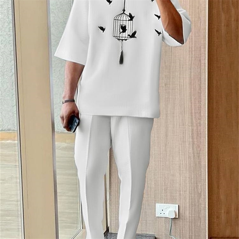 INCERUN Men Printing Sets Muslim Fashion O neck Hafl Sleeve T Shirt Pants 2PCS Streetwear Loose Casual Suits S 5XL 220621