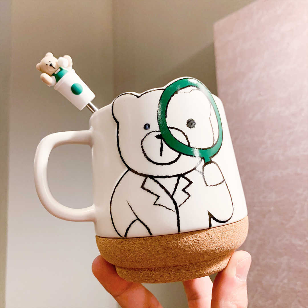Starbucks coffee cup koala cork coaster ceramic mug with stirring stick cartoon milk breakfast cup-image-760197841