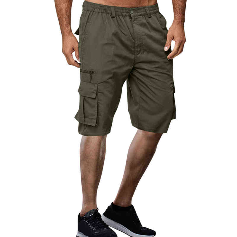 

Men Green Cargo Shorts Summer Solid Color Knee Half Pants With Pockets J220719, Khaki.