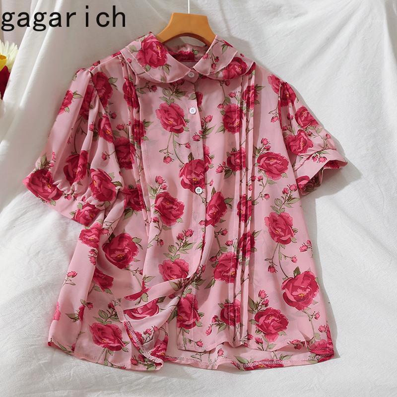 

Women's Blouses & Shirts Gagarich Women Sweet Blouse Korean Style Retro Flower Print Shirt Female Temperament Short-Sleeved Chiffon Tops, Pink