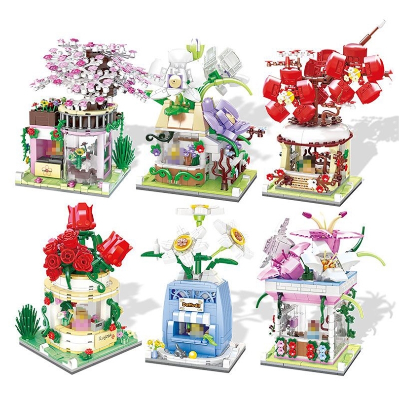 

Mini Building Blocks Flower Diy City Street View Rose Cherry Blossom Shop 3D Model Decoration Childrens Assembled Toy Girl Gift 220816