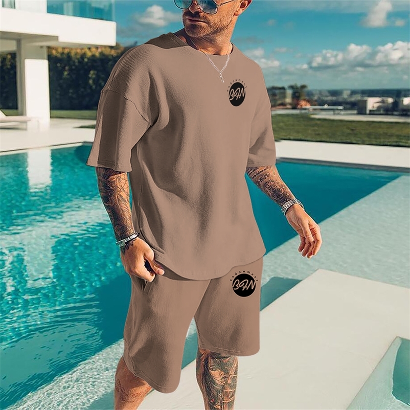 Summer Solid Color 2 Piece Sets Tracksuit Men s Oversized Clothes Retro Beach Style 3D Printed t shirts Men Suit Tshirt Shorts 220616