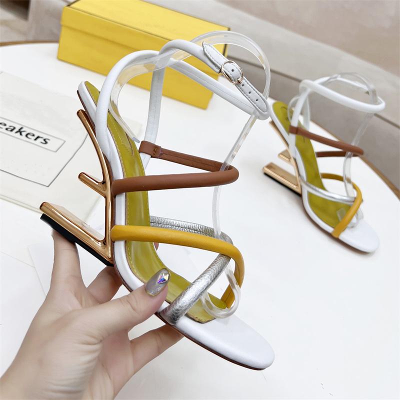 

Designer High Heels Sandals Women First Slippers Silver Nappa Leather Sandal Diagonal F-shaped Solid Heel Slides Summer Beach Slippper