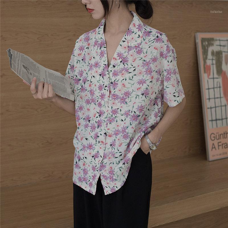 

HziriP Korean Retro Floral Short Sleeve Loose Shirt Tops 2022 Women Casual Sweet Printed Thin Summer Chic Girls OL Blouses Women's & Shirts, Photo color
