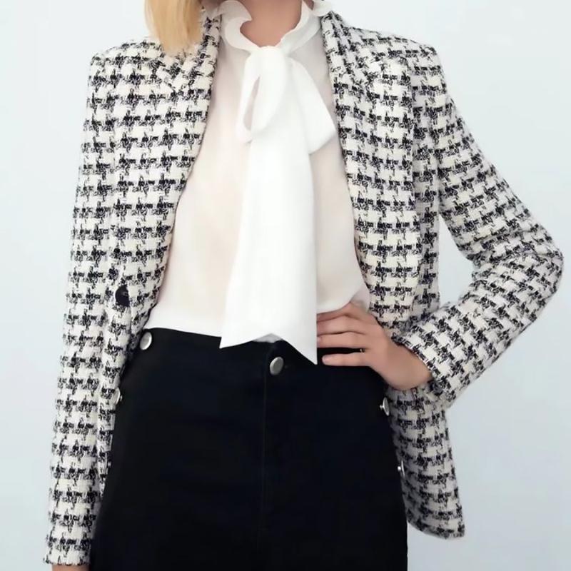 

Women's Suits & Blazers JUNWU Spring Autumn Female Black White Houndstooth Suit Collar Double-Breasted Pockets Long-Sleeved Loose Jacket Com