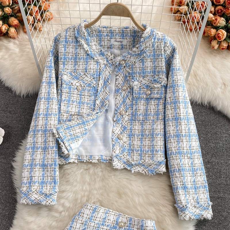 

Women's Wool Outerwear Gigot Sleeve Raw Cut Plaid Tweed Crop Overcoat l6Oa#, Pink