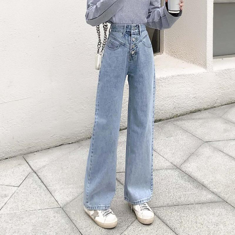 

Women' Jeans 2022 Women High Waist Wide Leg Pants Ladies Casual Loose Straight Denim Girl Students Trousers Placket Buttoned, Light blue