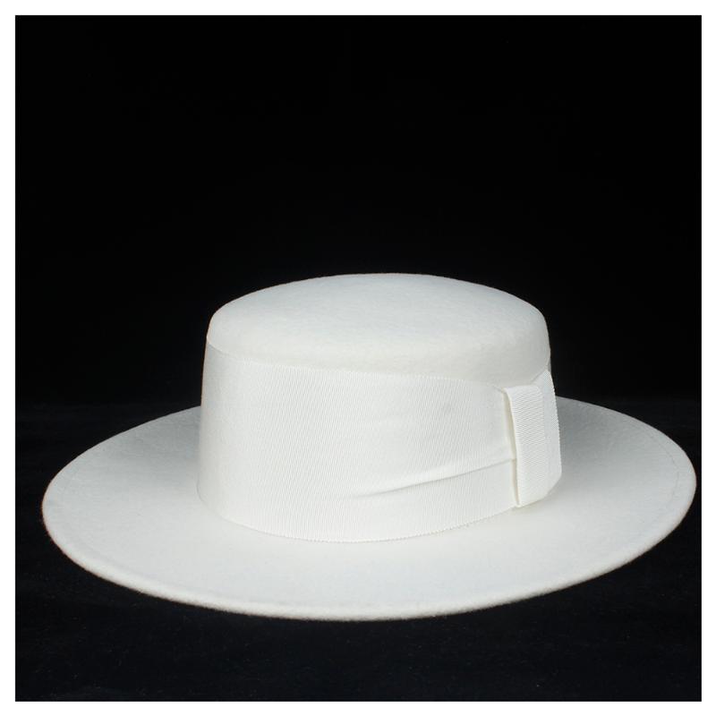 

Stingy Brim Hats 100% Wool Women White Flat Top Hat With Ribbon Fedora Wide Fascinator Size 56-58CM
