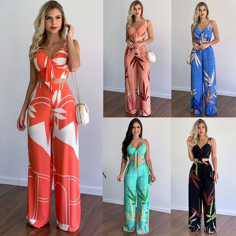 Pantalon costumes décontractés européens et américains, nouveau col en v, gilet court, taille haute, imprimé, jambes larges, ensemble deux pièces