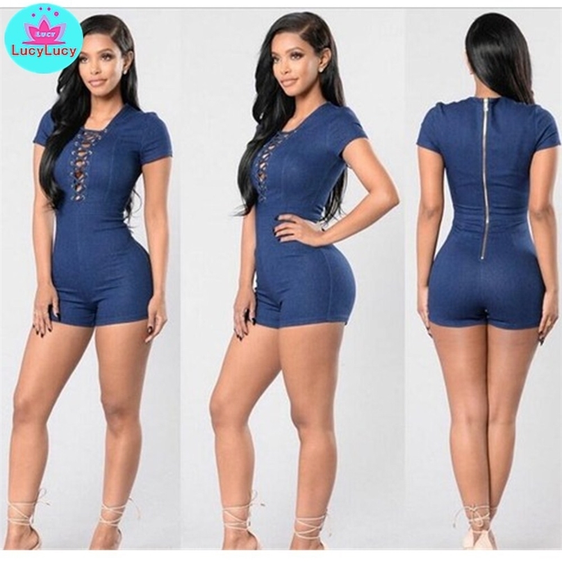 

2019 summer Europe and the United States new denim jumpsuit V neck tie zipper stretch denim jumpsuit Skinny Playsuits T200704, Blue