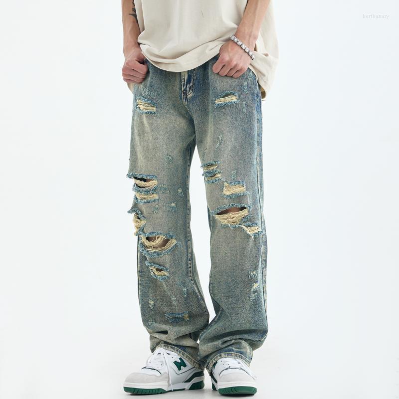 

Men' Jeans Men' High Street Ripped Straight Wide Leg Pants Clothing Hip Hop Y2k Men Streetwear Brands Quality JeansMen' Bert22, Blue