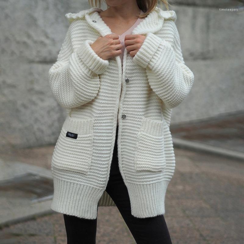 

Women's Knits & Tees Women's 2022 Fall/Winter Hooded Sweater Jacket Knitted Cardigan Pocket Mid-length Lantern Sleeve JacketWomen's Time, White