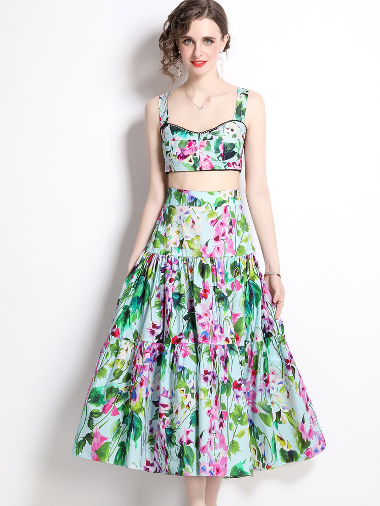 

Runway Summer Two Piece Dress Set Women' Fashion Sleeveless Floral Print Crop Tank Top withMaxi Skirt Suit Holiday Beach Outfits, Green