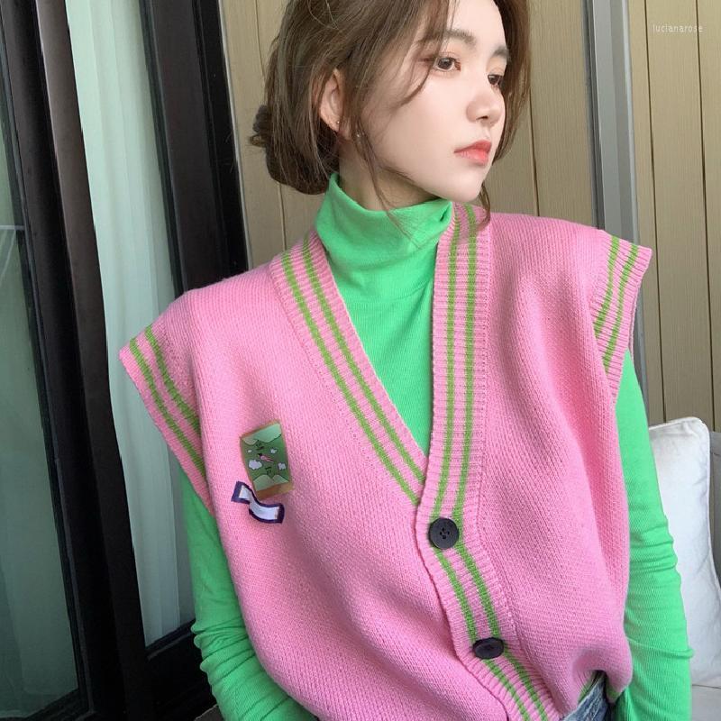 

Women's Vests Korean Fashion Pink Sweater Vest Women Streetwear Autumn Winter Loose Cute Top Knitted Chaleco Mujer Luci22