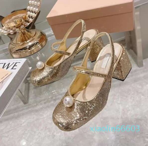 

Fashion-Dress Shoes Woman Square Toe Glitter Slip On Chunky High Heels Sandals Gold Party Pearl Decor Lady Slingback Sandalia