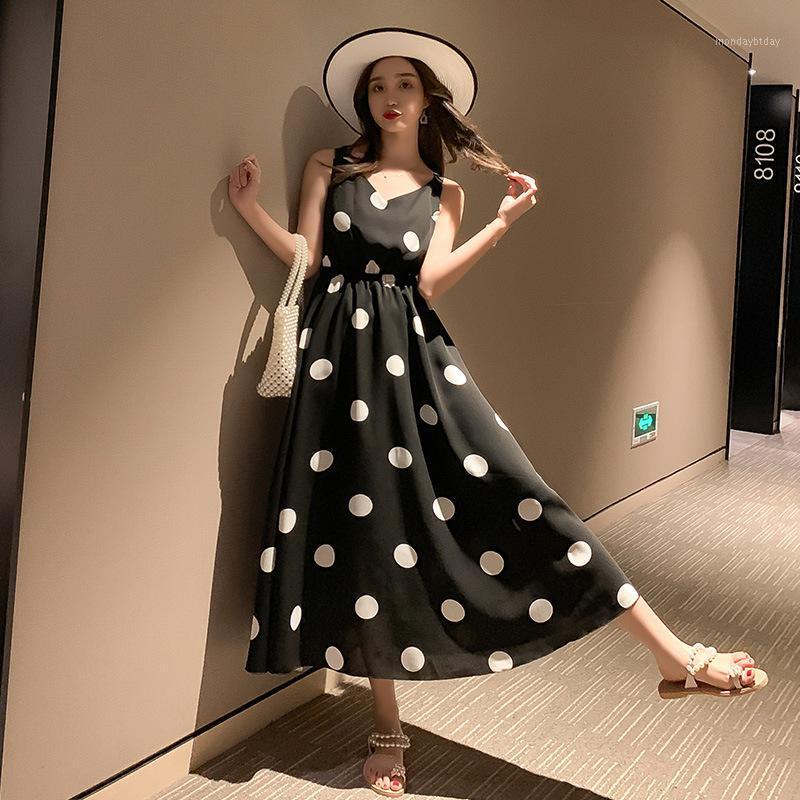 

Casual Dresses Fairy Black Long Loose Temperament Dress Simple Bare Back Polka Dot Summer Korean Cute Kleider Damen Women EH50DR, Style1