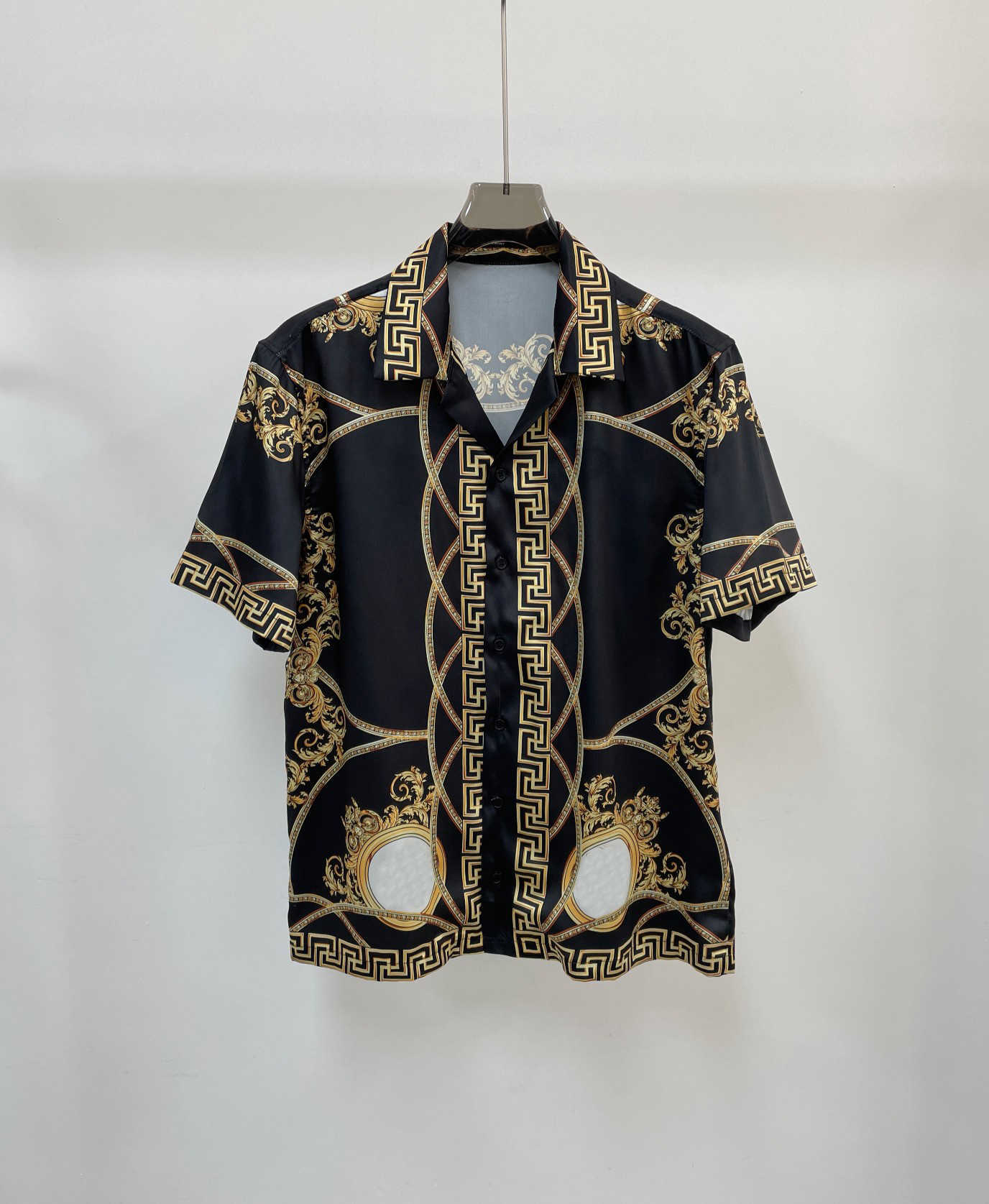 

Summer new exquisite print designer shirts US size shirt high-quality silk material casual single-row Lapel Design Mens luxury black