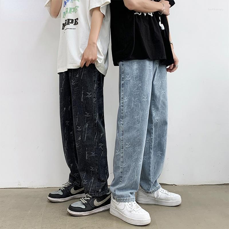 

Men' Jeans Men Design Print Mid Waist Oversize Baggy Jean Streetwear Zipper Straight Denim Trousers Hip Hop Retro TeensMen' Men'sMen' Ber, Black