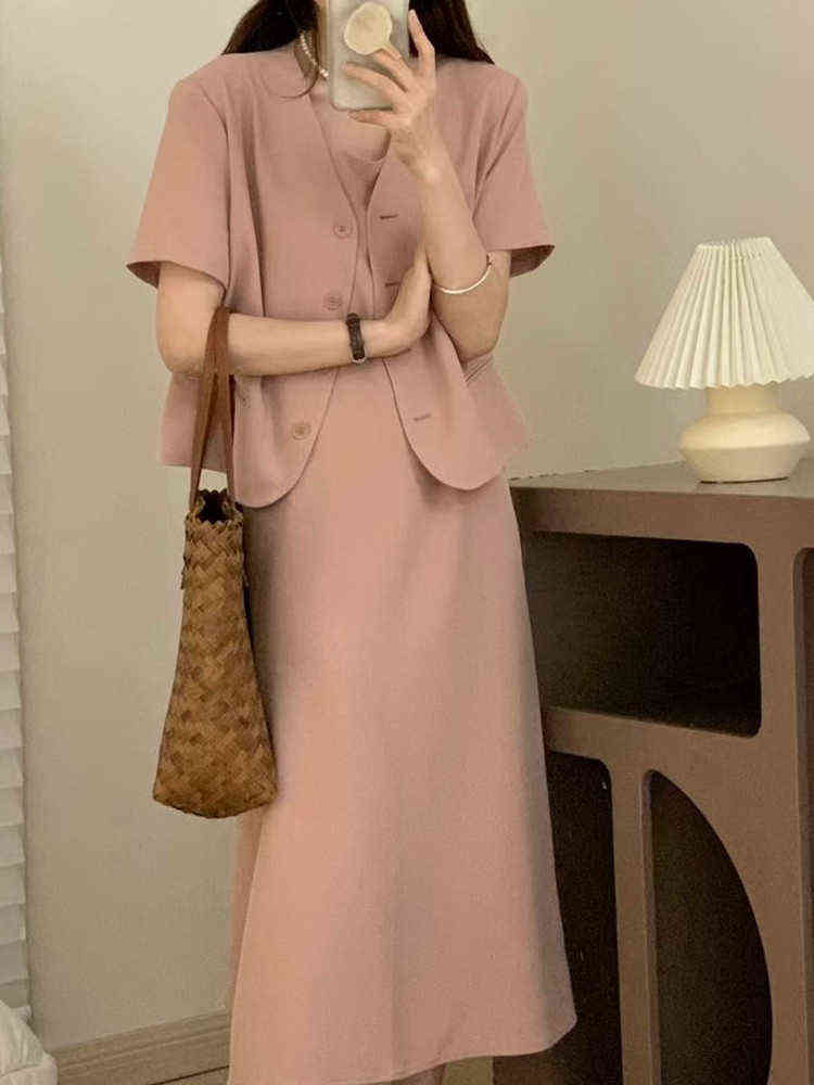 

Korean Chic Dress Suits For Women Vintage Summer 2 Two Piece Set Short Sleeve Vests Jacket and Spaghetti Band Long Dress J220813, Picture color set
