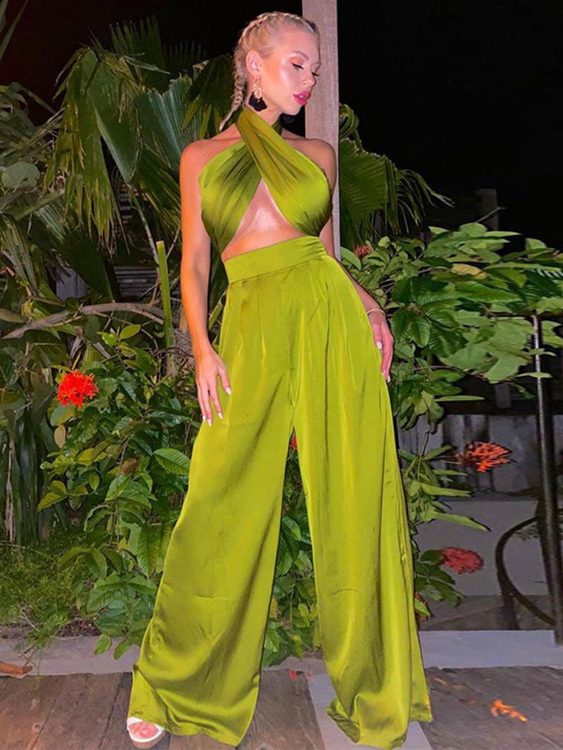 

Women' Two Piece Pants Satin Set Women Summer Sexy Clothes Halter Crop Top Wide Leg Suits Party Club Matching Sets Y2K 2 Pieces OutfitsWome, Blue