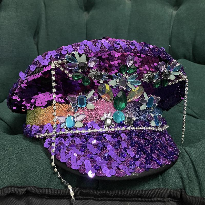 

Berets Handmade Women Sequin Burning Military Hat Captain Sergeant Luxury Yacht Week Rhinestone Rave Festival Bachelorette Part HatBerets, Purple