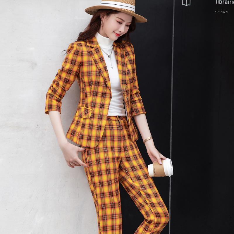 

Women' Two Piece Pants 2022 Autumn Yellow Suit 2 Pieces Set Formal Elegant Ladies Plaid Blazer Famale Jacket Business Work Trou, Gray
