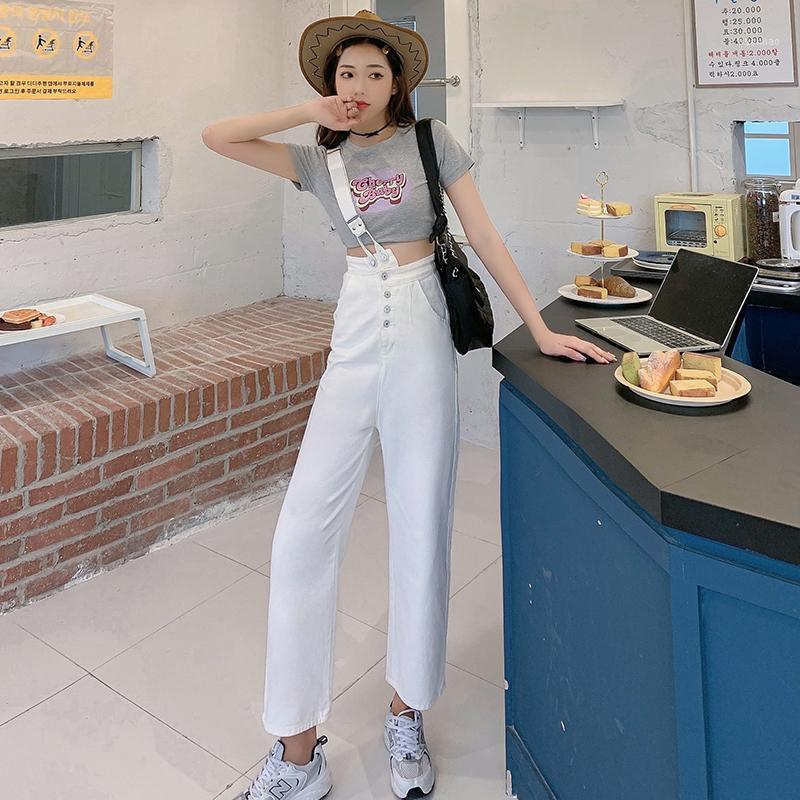 

Women' Jeans Casual White One Shoulder Button Denim Suspenders Large Winter Korean Fashion High Waist Loose Thin Straight Leg Pants, Black