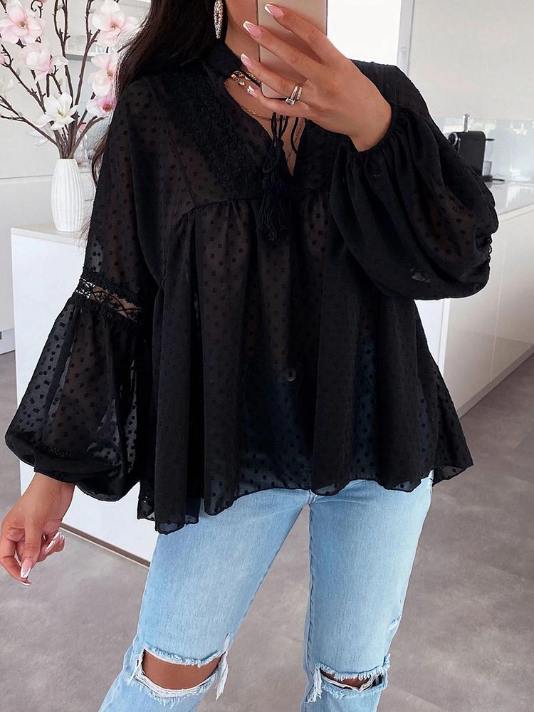 

Women' Blouses & Shirts Chiffon Lace Stitching Loose Women Office Commuter Lantern Sleeves Chic Casual V-neck Embroidery Top PulloverWomen, 01 white