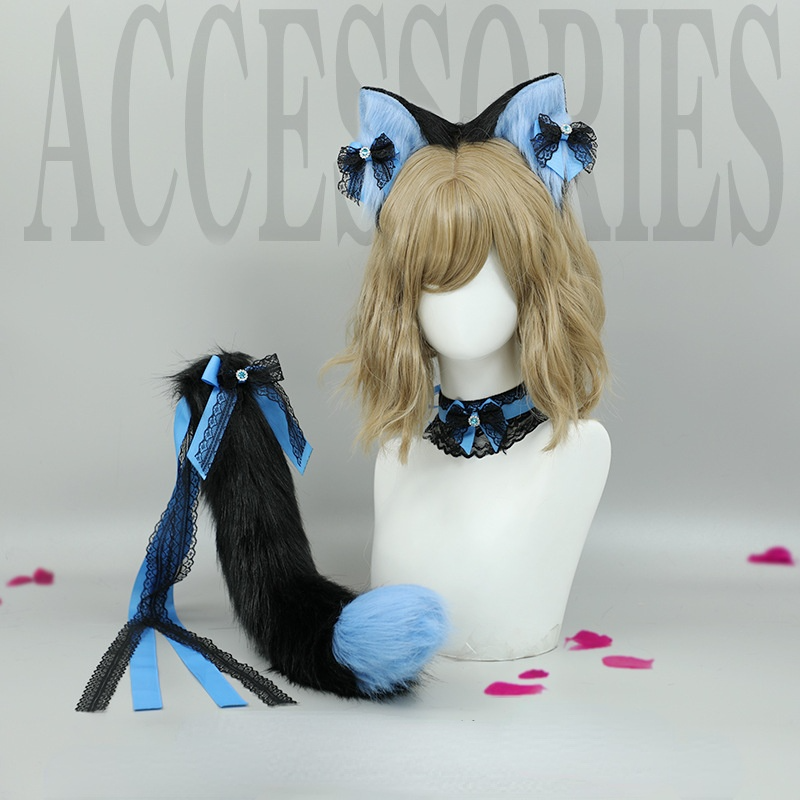 

Mascot doll costume Animal Ears and Tails Handmade Lolita Accessories Lace Headwear Collar Cat Ears Headband Cat Tail Set, Tail-black and red