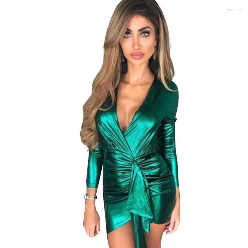 

Casual Dresses 2022Spring Wrap Bandage Bodycon Women Deep V Neck Mini Sexy Dress Colorful Elegant Green Summer Party VestidosCasual, Gray