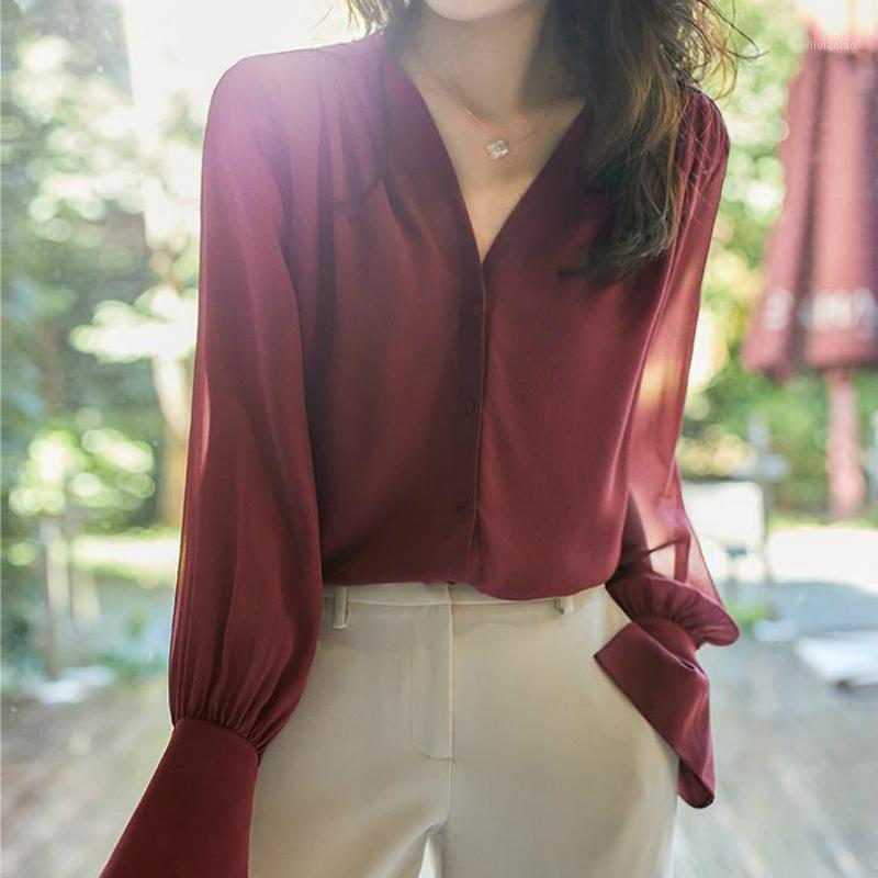

Women's Blouses & Shirts Women 2022 Chiffon Blouse Spring Summer V-neck Ladies Tops, Burgundy