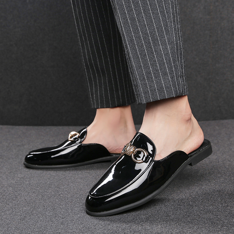Baotou half-slipper leather shoes men PU color-blocking low-heeled fashion plaid classic simple horsebit buckle no heel one pedal Peas shoes DP38