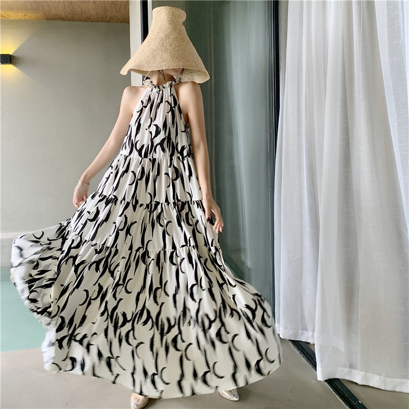 

Dress Thin Niche Summer Fresh Loose Casual Black and White Printed Fairy Long Skirt, Picture color