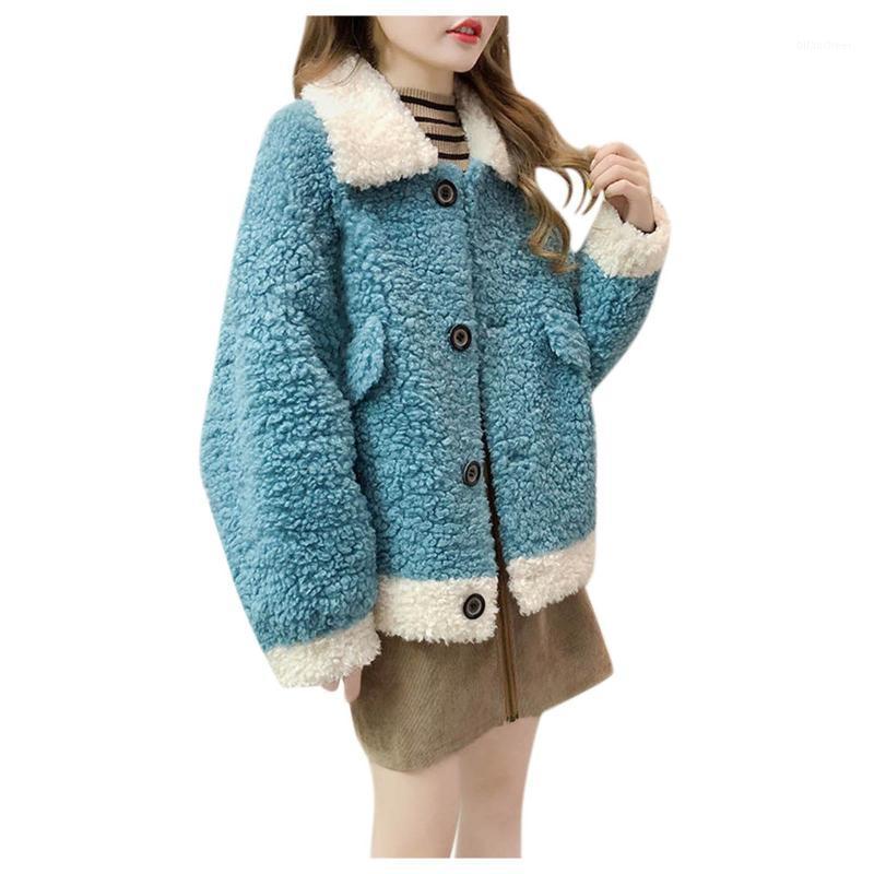 

Women's Jackets Coat Women Patchwork Long Sleeve Plush Winter Warm Female Casual Single-breasted Overshirt Ladies Harajuku Chic Tops, Blue
