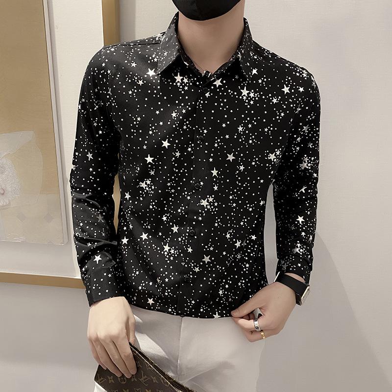 

Men's Casual Shirts Starry Sky Long Sleeve Flower Shirt Men Prom Party Dress Black White Fashion Social Youth High Street HommeMen's