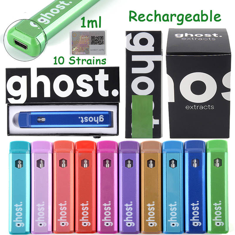

New Ghost E Cigarette Rechargeable Disposable Vape Pen 1ml Starter Kit Vapes Cartridges Empty Oil Carts Device Pods Vaporizer Pod With Micro USB 10 Strains
