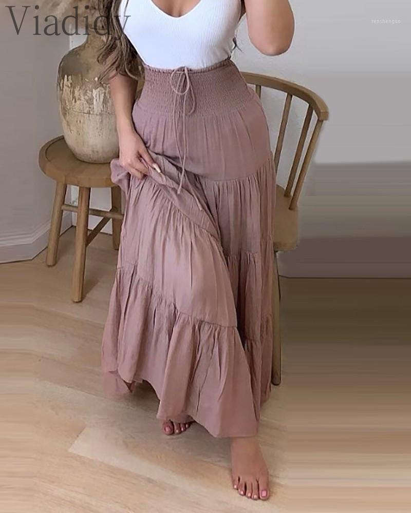 

Skirts Women Solid Color Casual High Waist Drawstring Shirring Detail Layered Maxi Skirt, Khaki