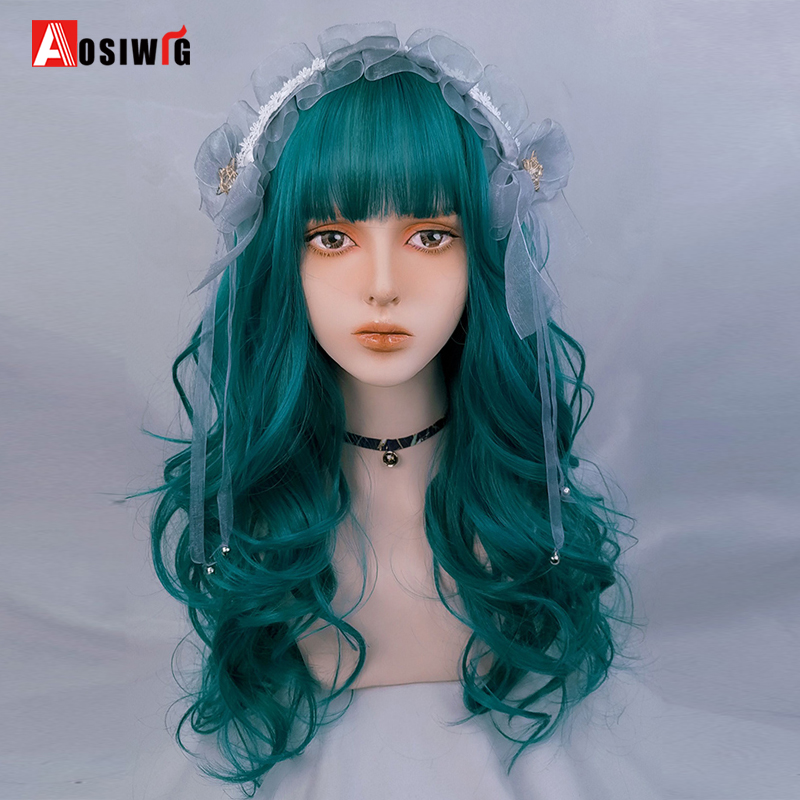 Costume Accessories AOSI Cosplay Lolita Blue Wig Long Wavy Natural Hair Synthetic with Bangs for Black White Women Girl Halloween Anime Blac-image-772762143